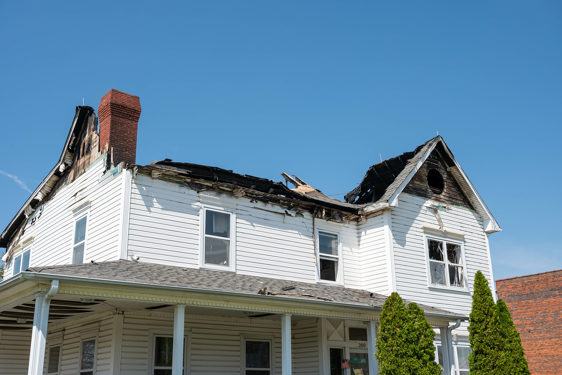 Fire-damaged living room being restored
